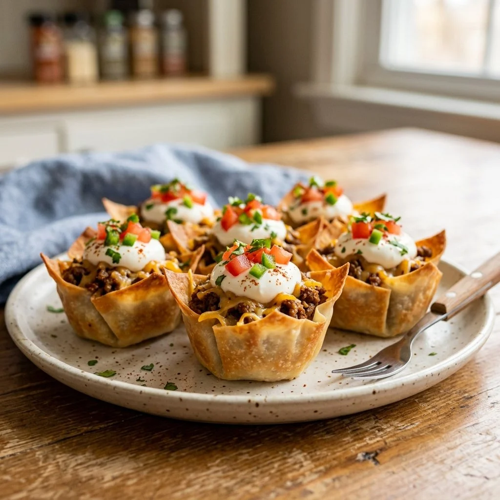 Mini Taco Cupcakes topped with zesty ground beef and melted cheese