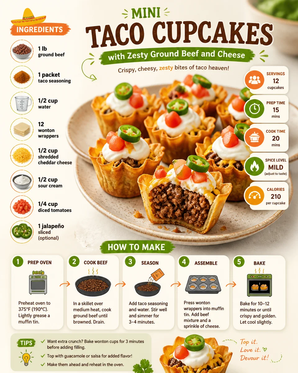 Mini Taco Cupcakes with Zesty Ground Beef and Cheese