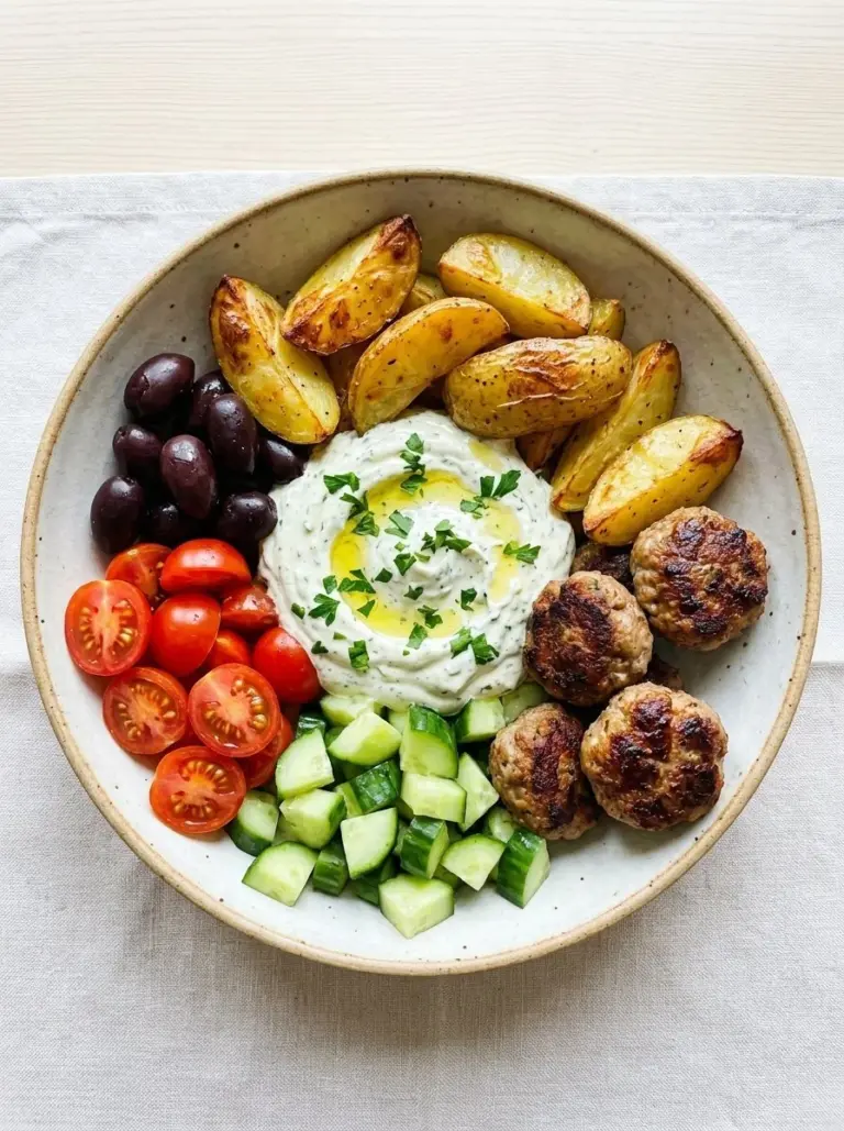 Delicious Greek meatball bowl with herbs, spices, and fresh vegetables.
