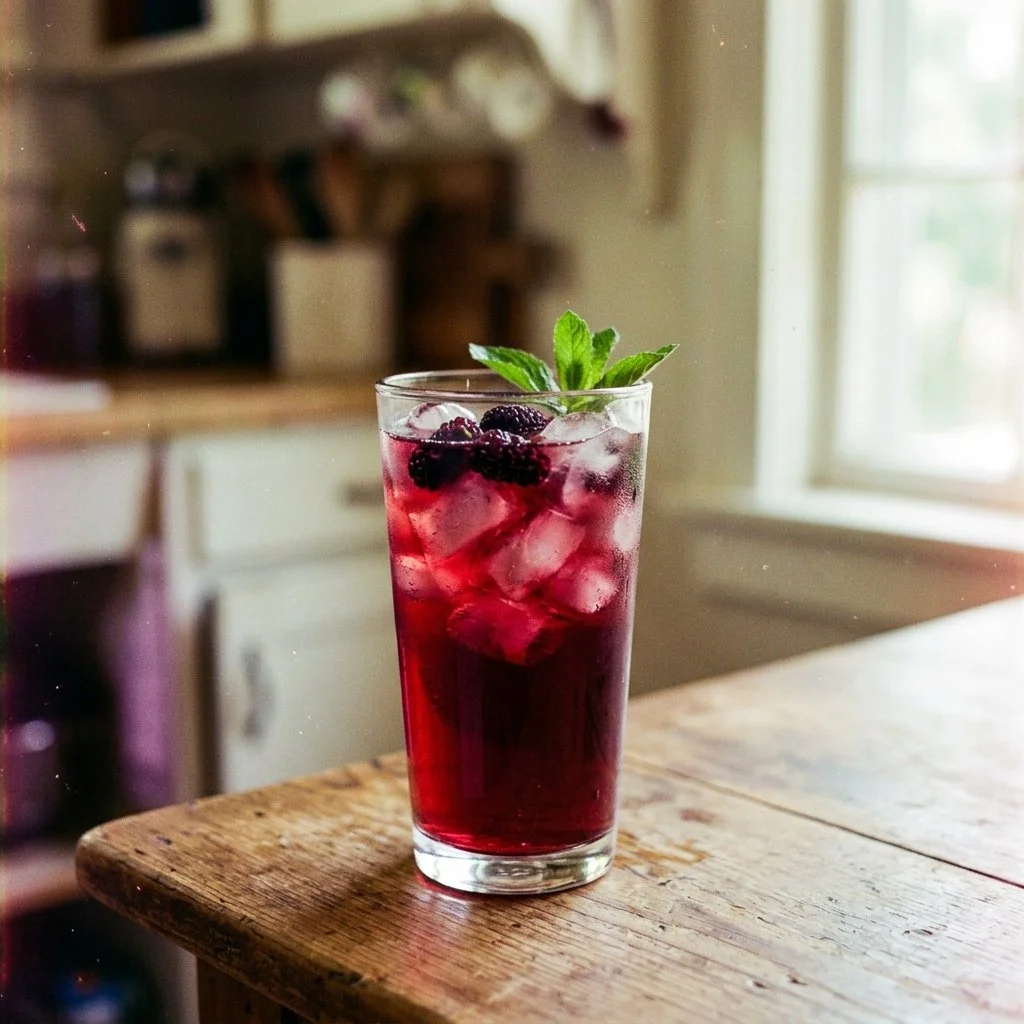 A refreshing glass of Mulberry Iced Tea garnished with fresh mulberries and mint leaves.