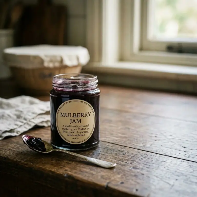 Homemade mulberry jam in a jar with fresh mulberries