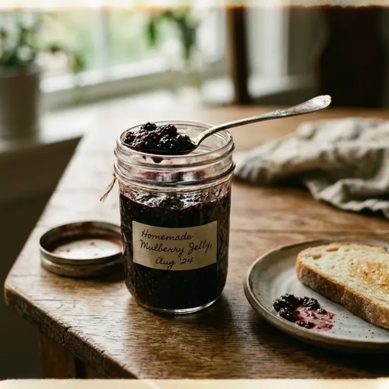 Delicious homemade mulberry jelly in a glass jar