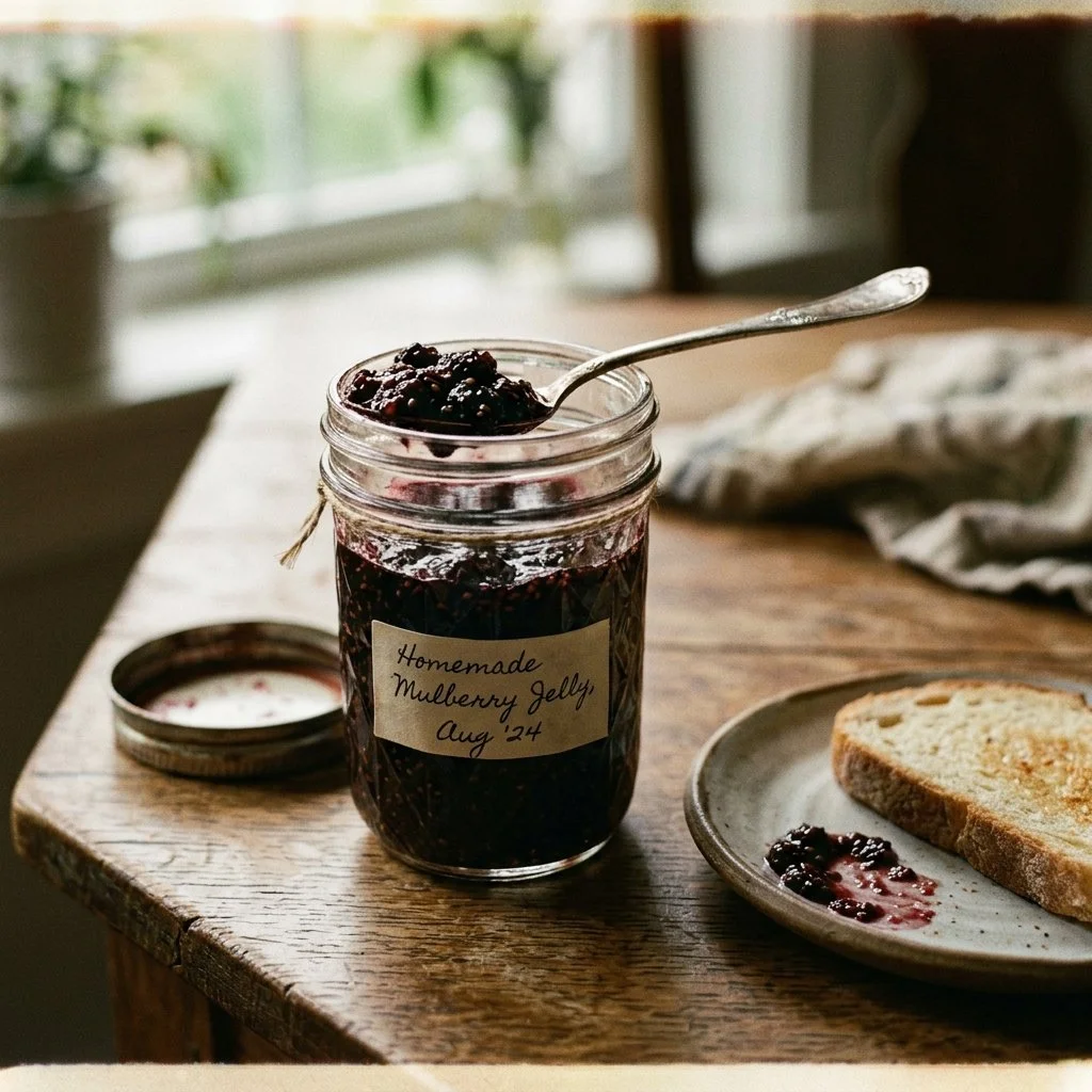 Delicious homemade mulberry jelly in a glass jar