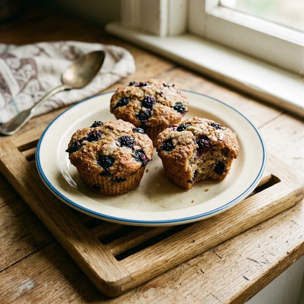 Freshly baked mulberry muffins on a cooling rack
