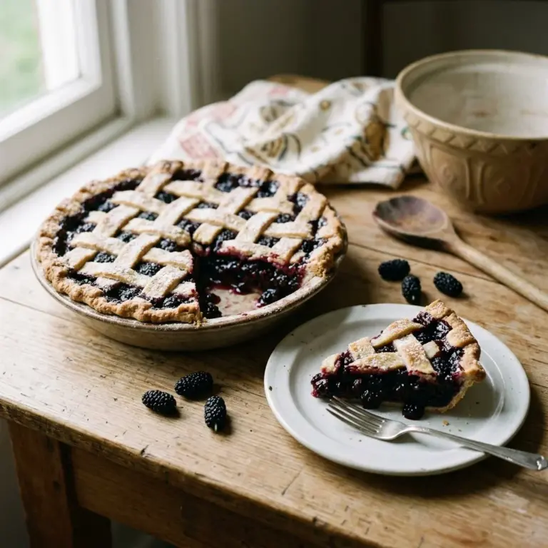 Slice of homemade mulberry pie with fresh berries on a plate