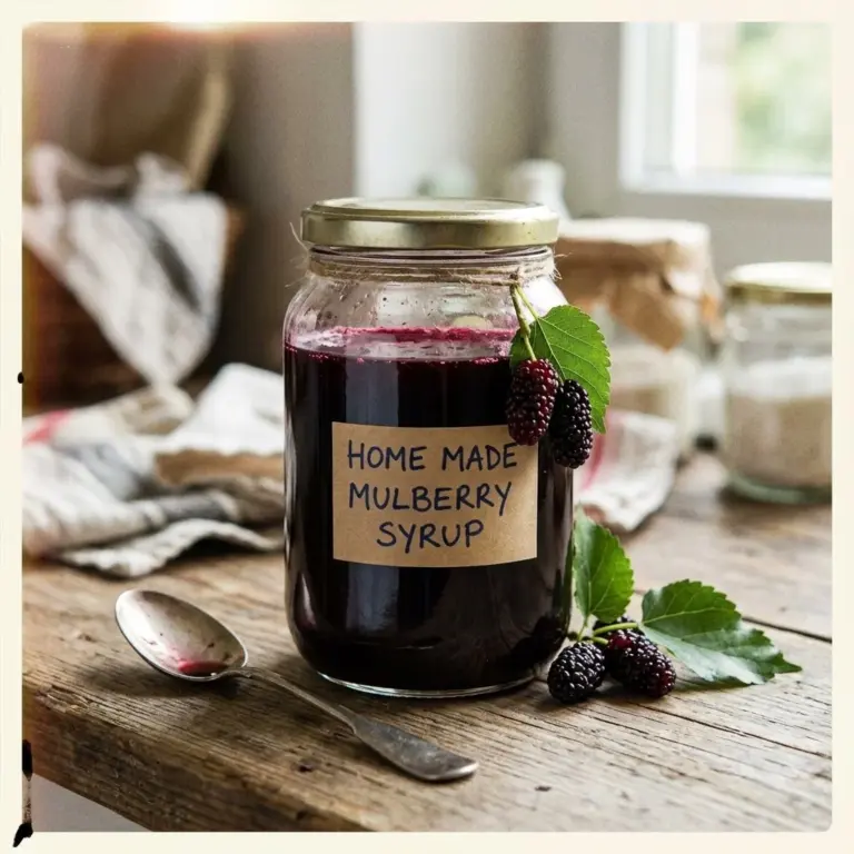 Bottle of homemade mulberry syrup for recipes and desserts