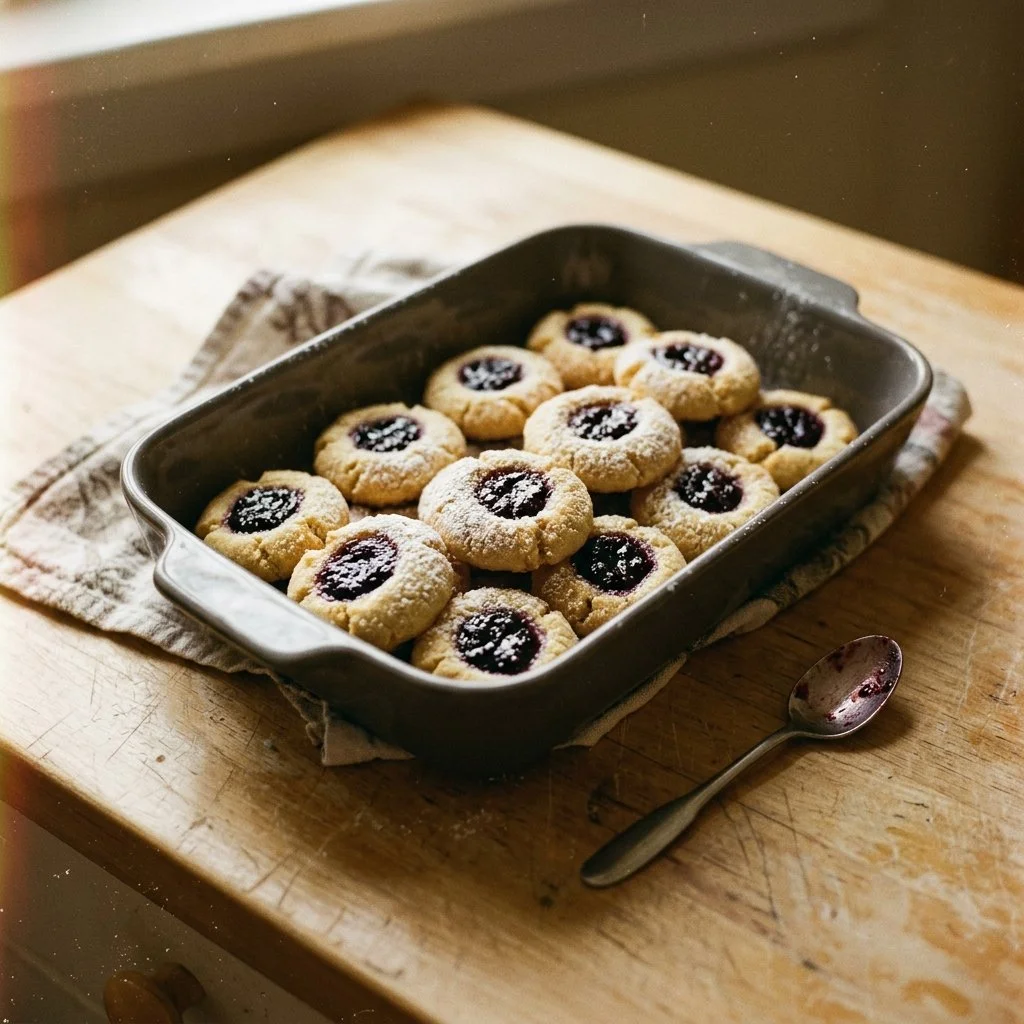 Delicious Mulberry Thumbprint Cookies arranged on a plate