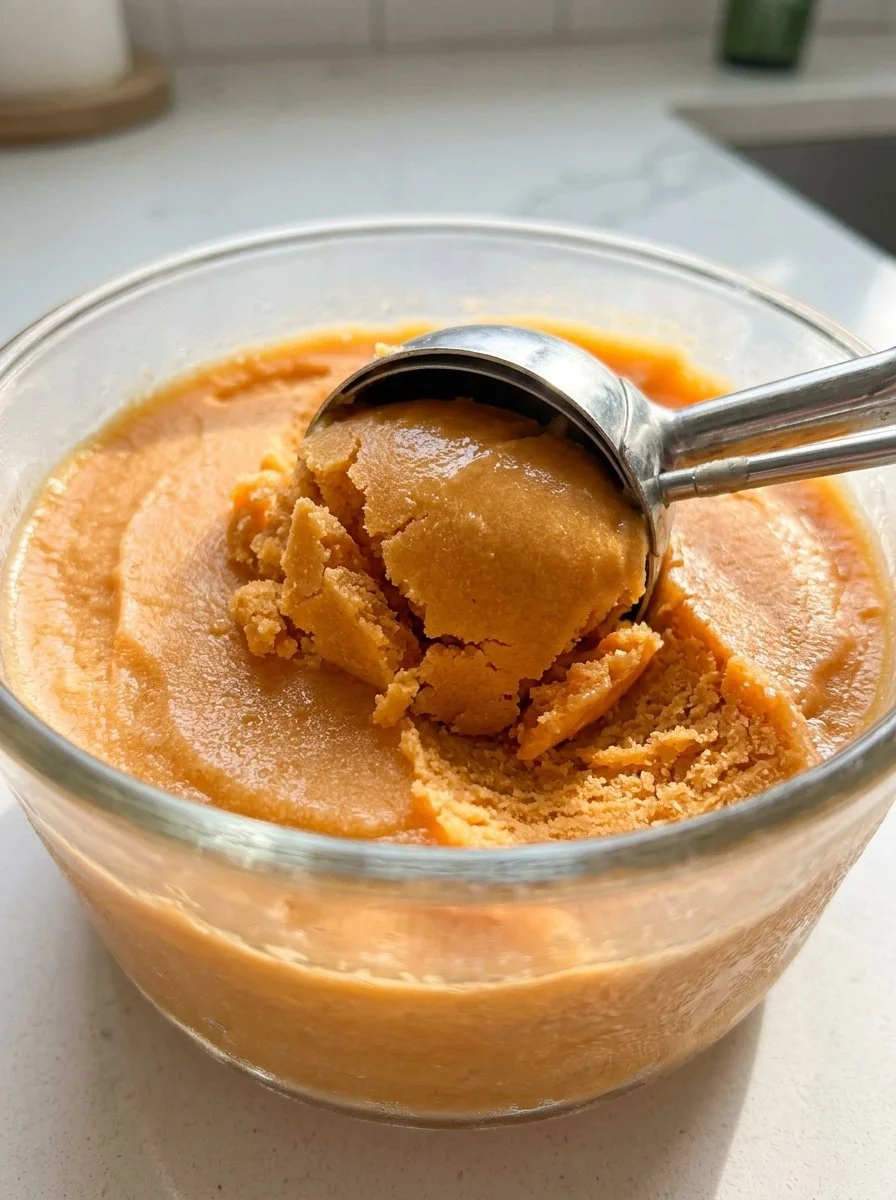 Bowl of Ninja Creami Pumpkin Protein Ice Cream, creamy and dairy-free.