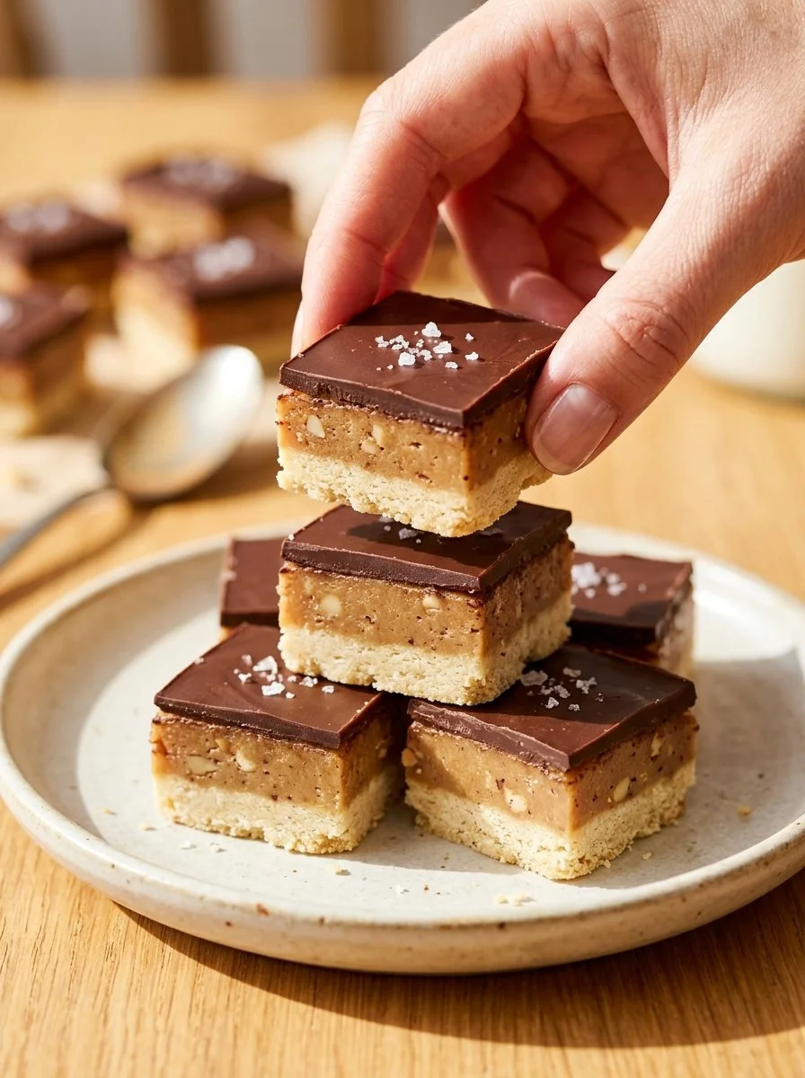No-Bake Vegan Paleo Millionaire Bars topped with chocolate and nuts