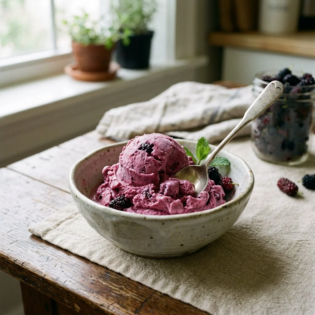 Delicious no-churn mulberry ice cream served in a bowl with fresh mulberries