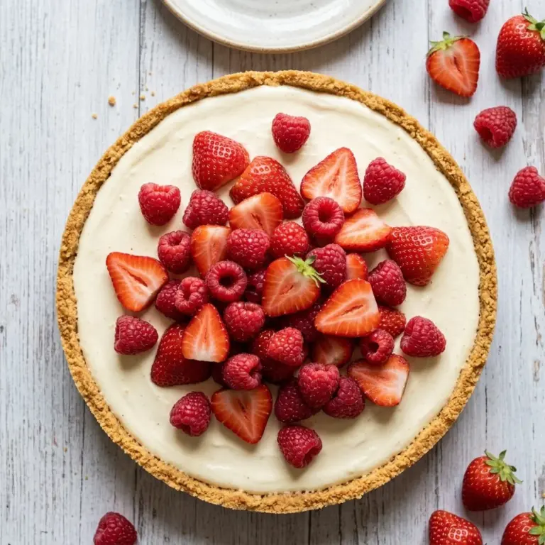 No Fuss Strawberry Cream Pretzel Tart topped with fresh strawberries and cream