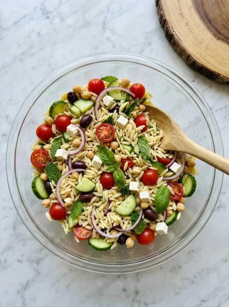 A colorful bowl of Orzo Salad featuring fresh Mediterranean ingredients.