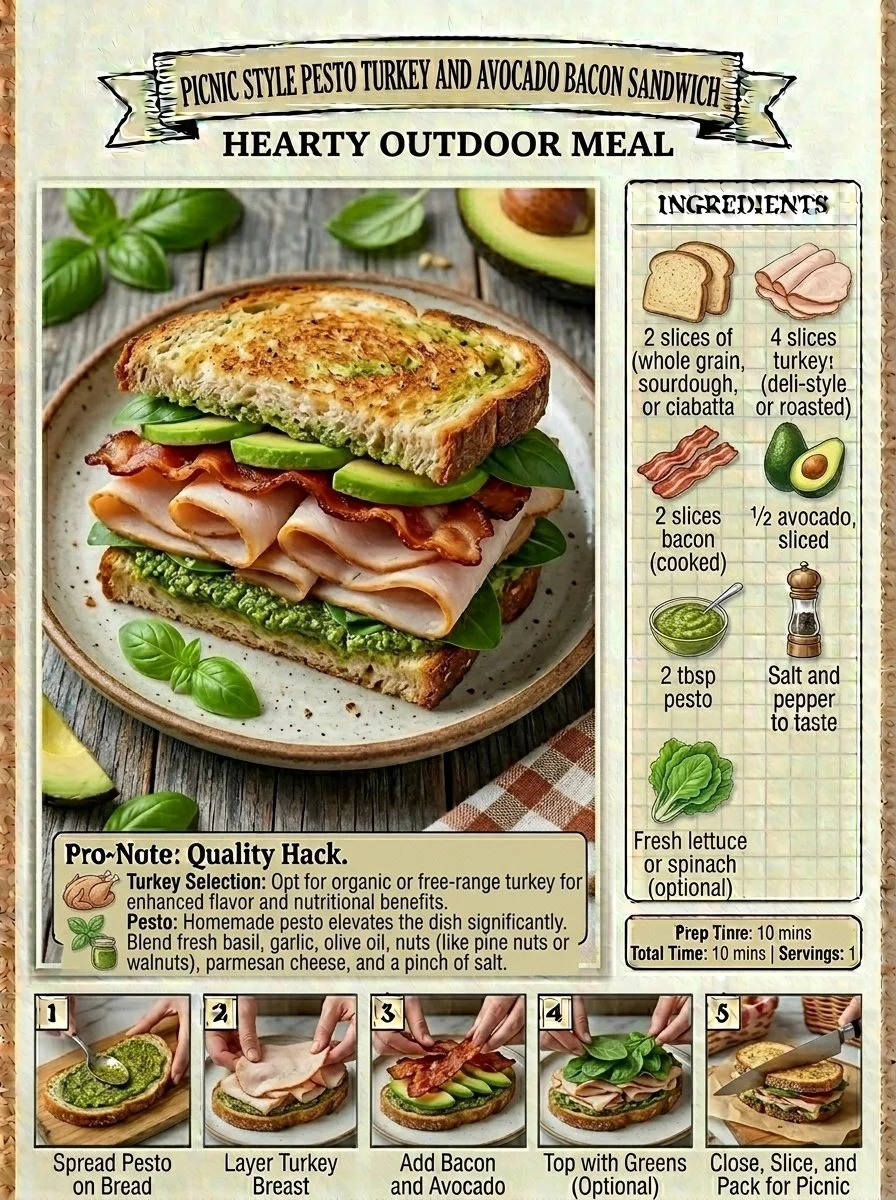 Picnic Style Pesto Turkey and Avocado Bacon Sandwich