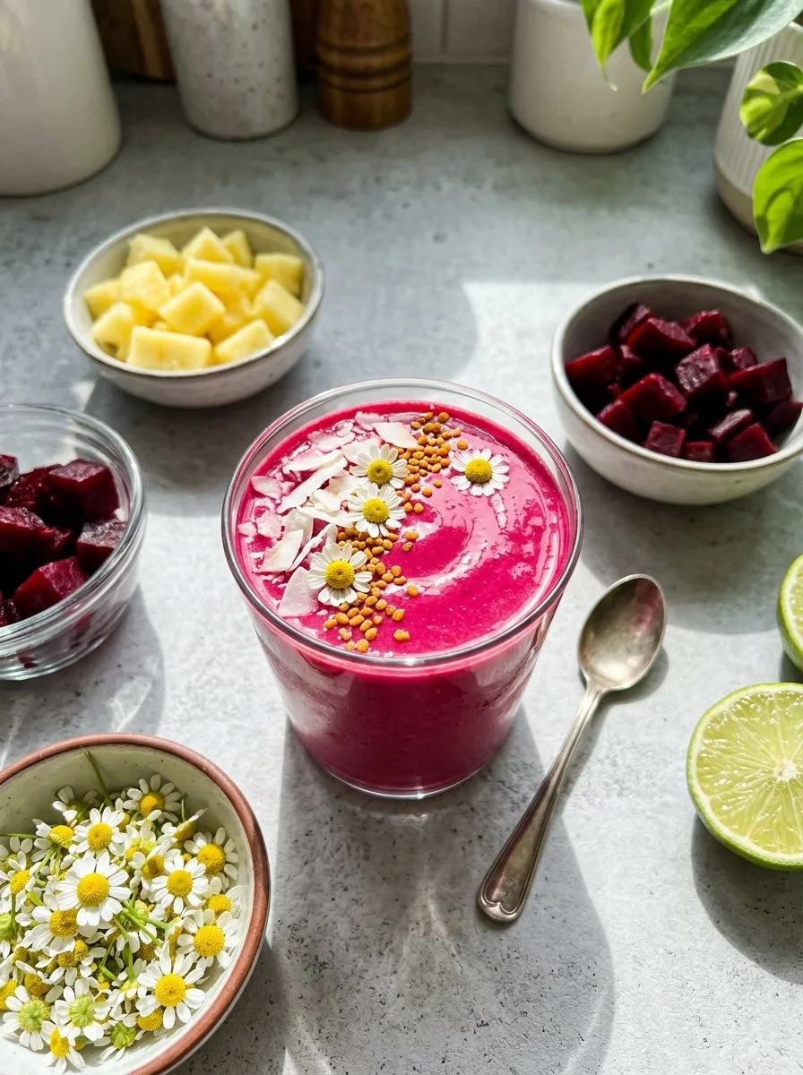 Pineapple Beet Smoothie without banana in a clear glass with fresh ingredients