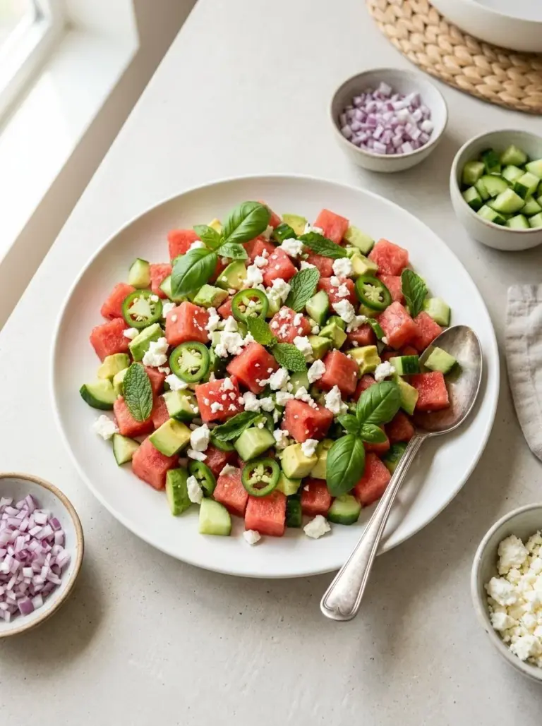 Refreshing watermelon salad with feta cheese and mint leaves served in a bowl