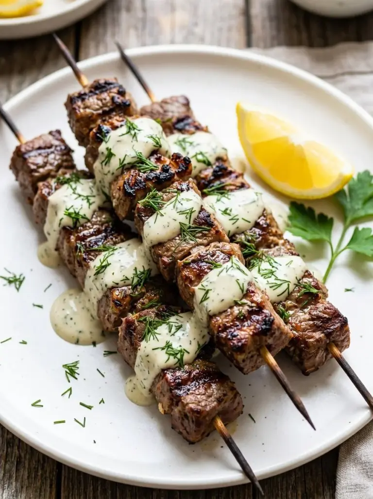Savory chicken kofta served with creamy garlic yogurt sauce on a plate