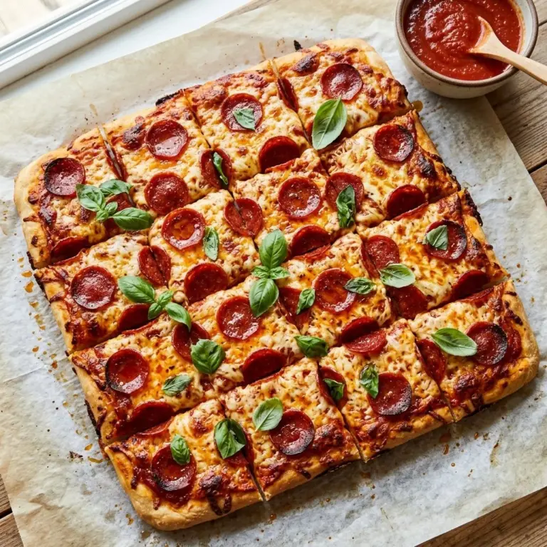 Sheet Pan Hawaiian Pepperoni Pizza topped with cheese and pepperoni slices.