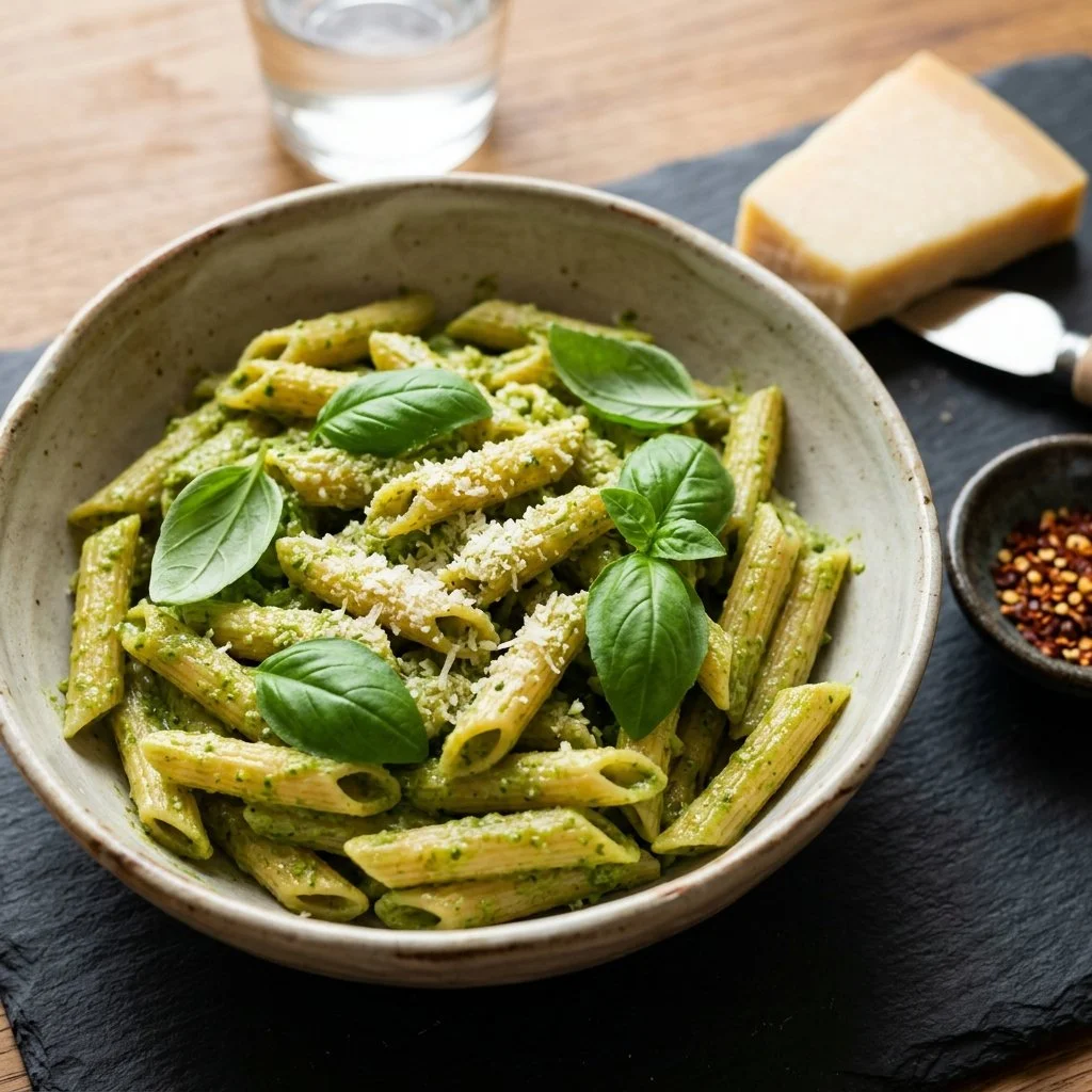 Plate of simplest zucchini parmesan pasta garnished with fresh herbs