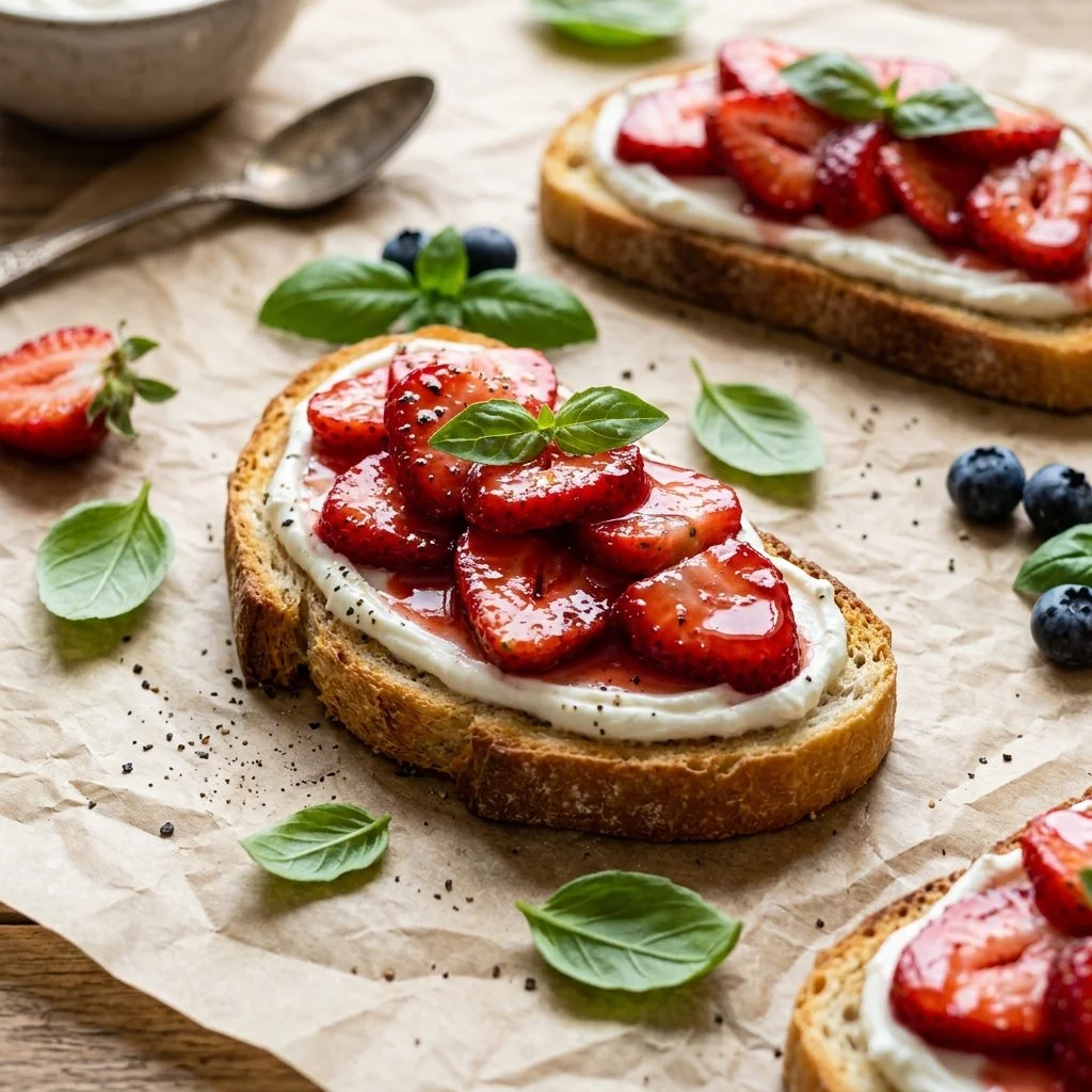 Delicious strawberry jam served with honey whipped goat cheese