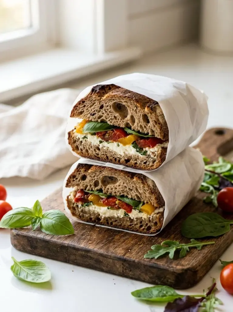 Delicious BBQ sandwich garnished with fresh ingredients and served on a wooden platter.