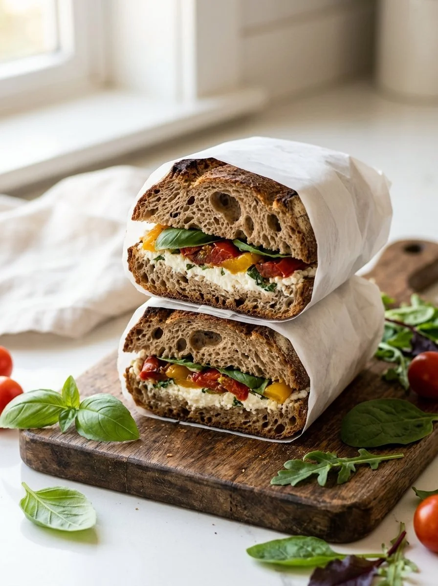 Delicious BBQ sandwich garnished with fresh ingredients and served on a wooden platter.