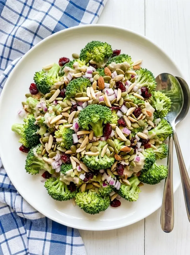 A vibrant bowl of ultimate broccoli salad with colorful vegetables and crunchy toppings