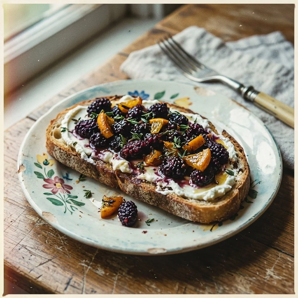 Thyme and orange roasted mulberries on chevre smeared toast