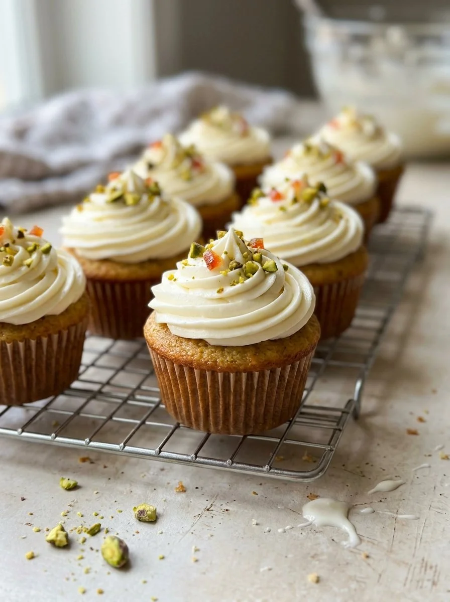 Paleo Tigernut Flour Cupcakes topped with frosting on a wooden table.