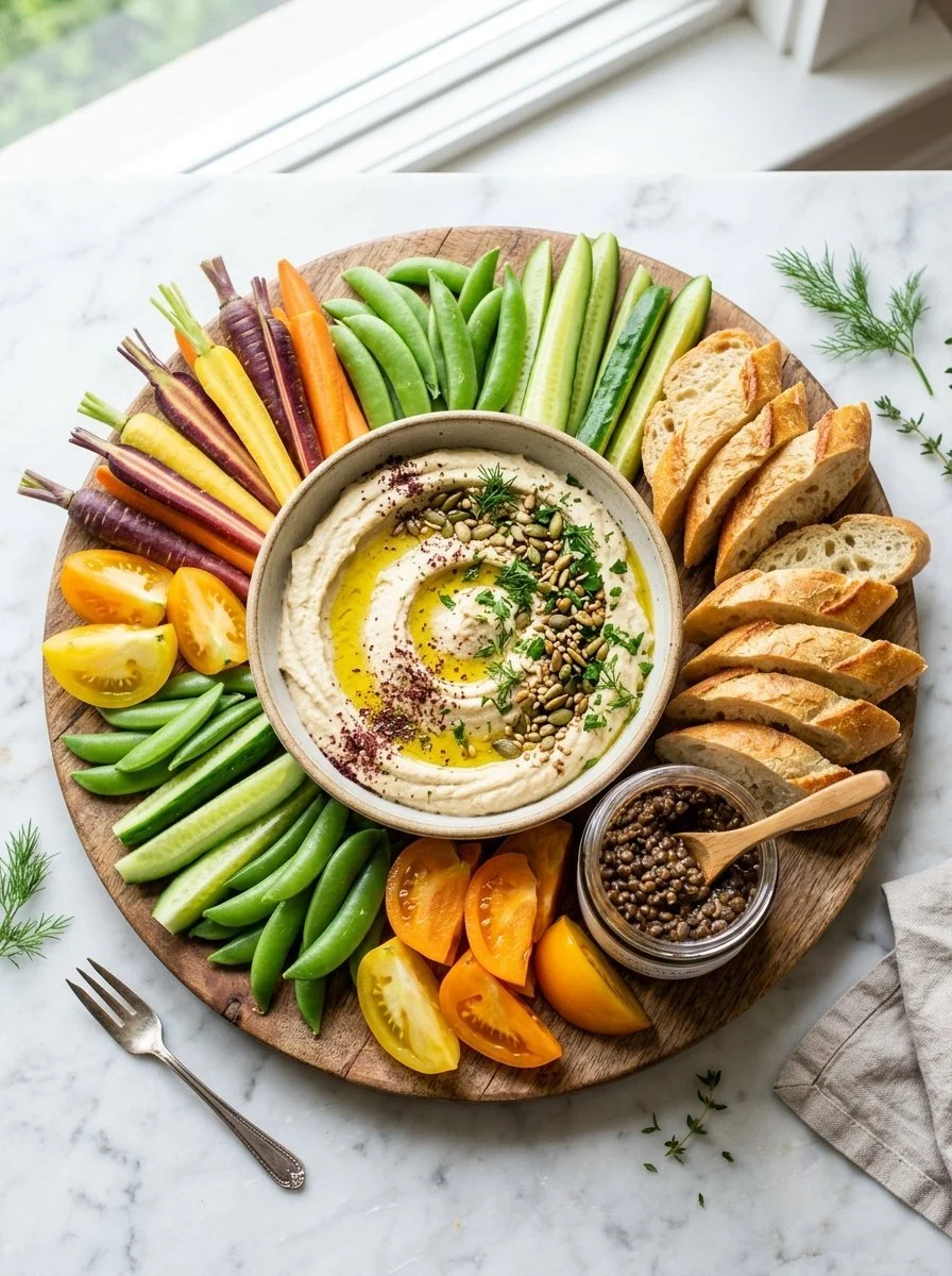 Ultimate crudité platter with fresh vegetables and colorful dips on a serving tray
