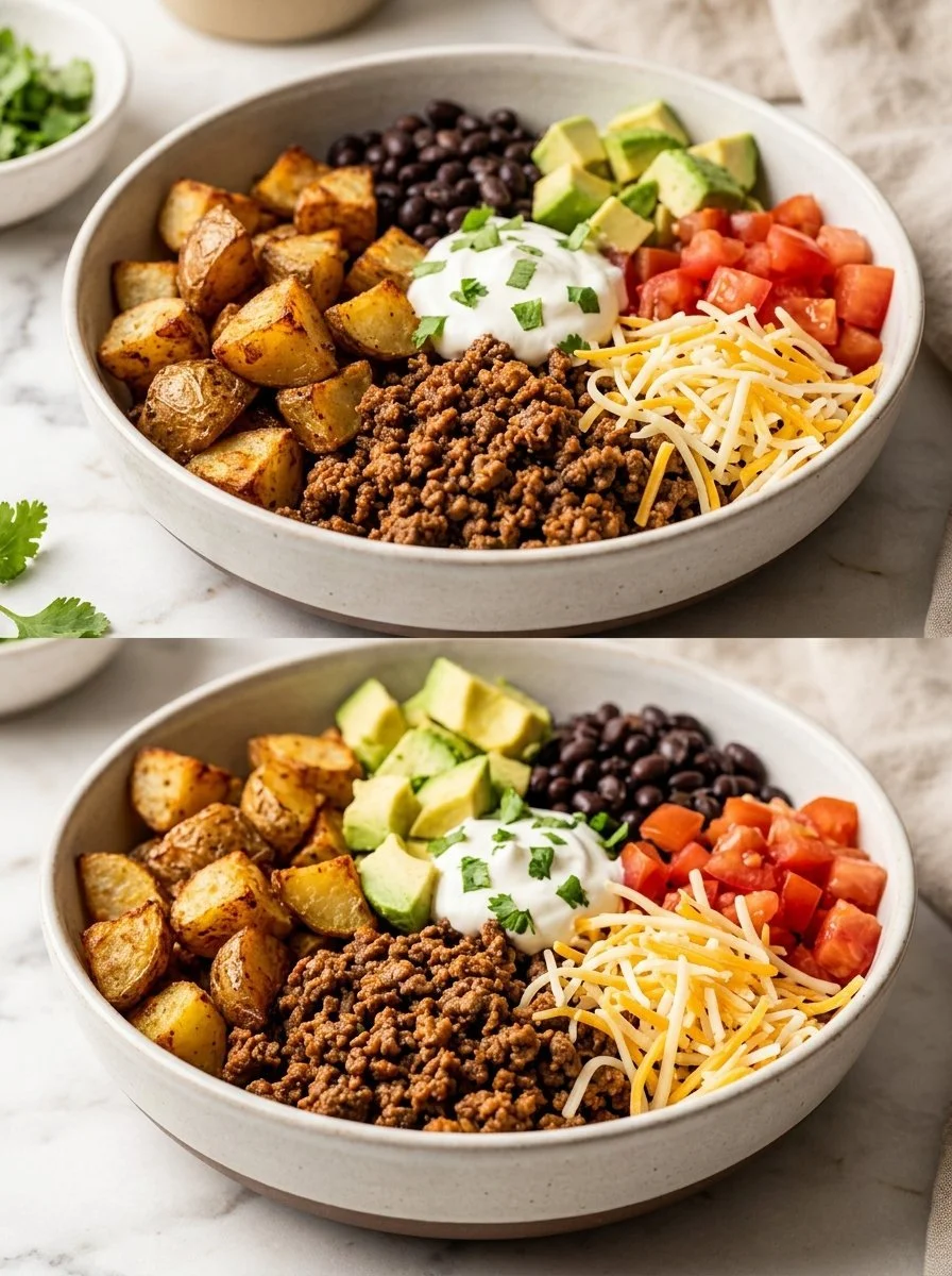 Delicious Loaded Potato Taco Bowl topped with cheese and toppings