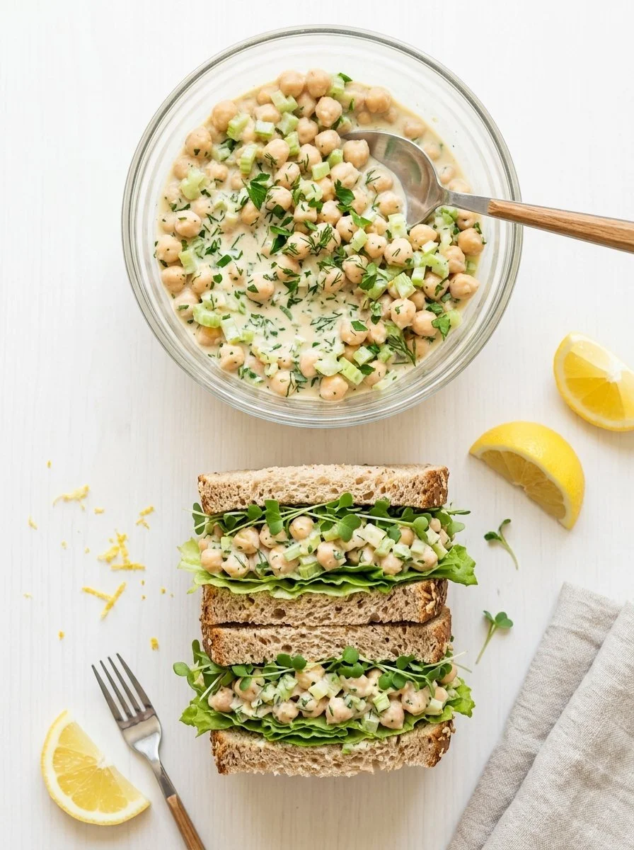 Vegan chickpea chicken salad in a bowl with fresh vegetables