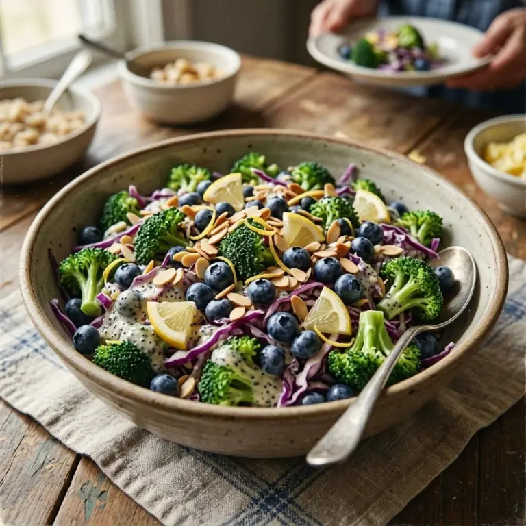 Vibrant blueberry lemon poppyseed salad with broccoli and colorful toppings