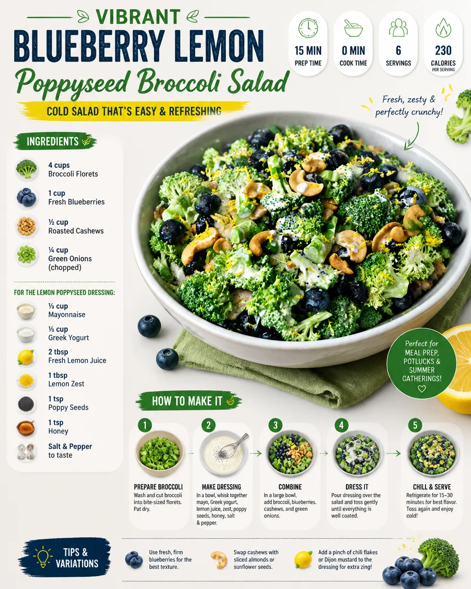 Vibrant Blueberry Lemon Poppyseed Broccoli Salad | Cold Salads That Are Easy to Transport, Cold Salad for Potluck, Cold Salad for a Crowd