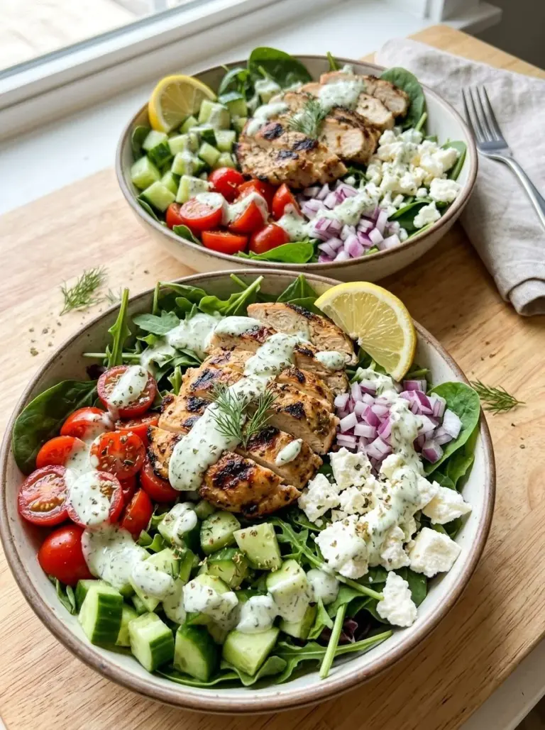 Zesty Greek Chicken Bowls topped with fresh vegetables and feta cheese
