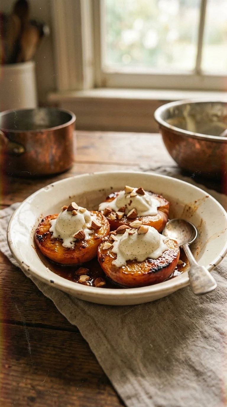 Delicious baked peaches with cinnamon and honey served in a dish
