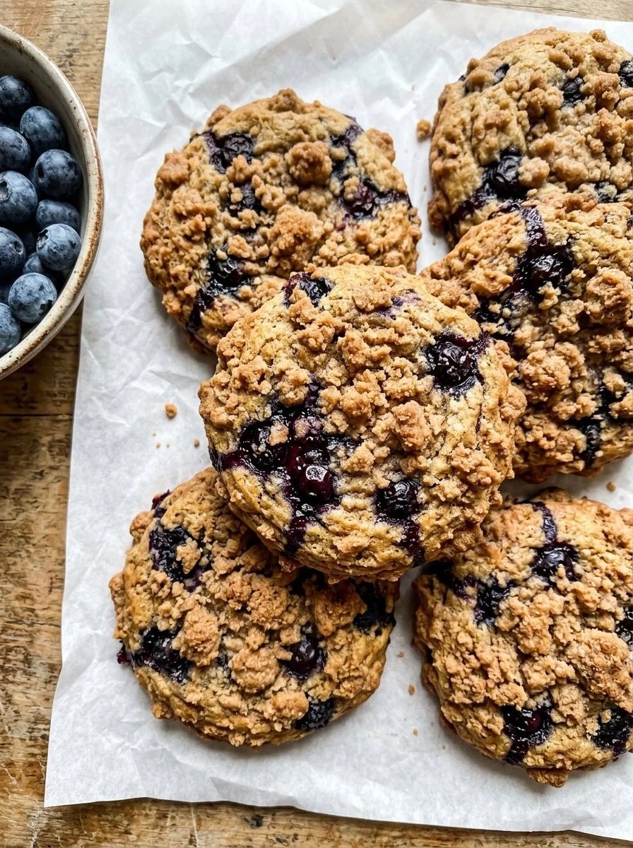 Delicious blueberry crumble cake cookies with a crispy crumble topping