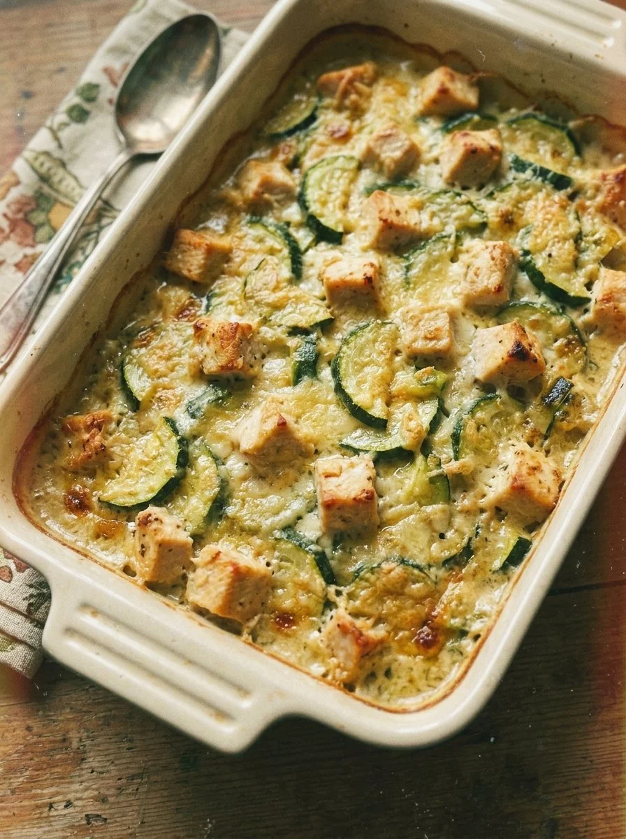 Delicious Chicken Zucchini Bake dish featuring tender chicken and fresh zucchini
