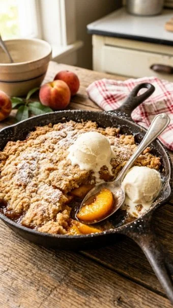A delicious serving of classic Southern Peach Cobbler topped with ice cream.
