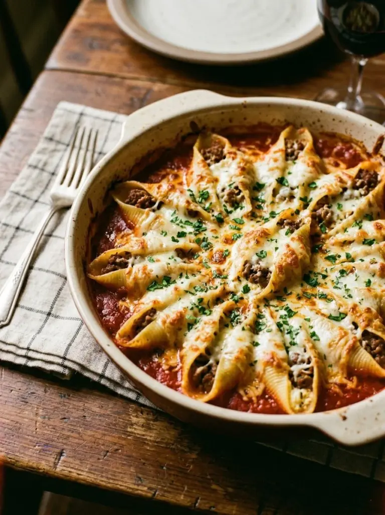 Easy and cheesy baked beef and ricotta stuffed shells dish served on a plate