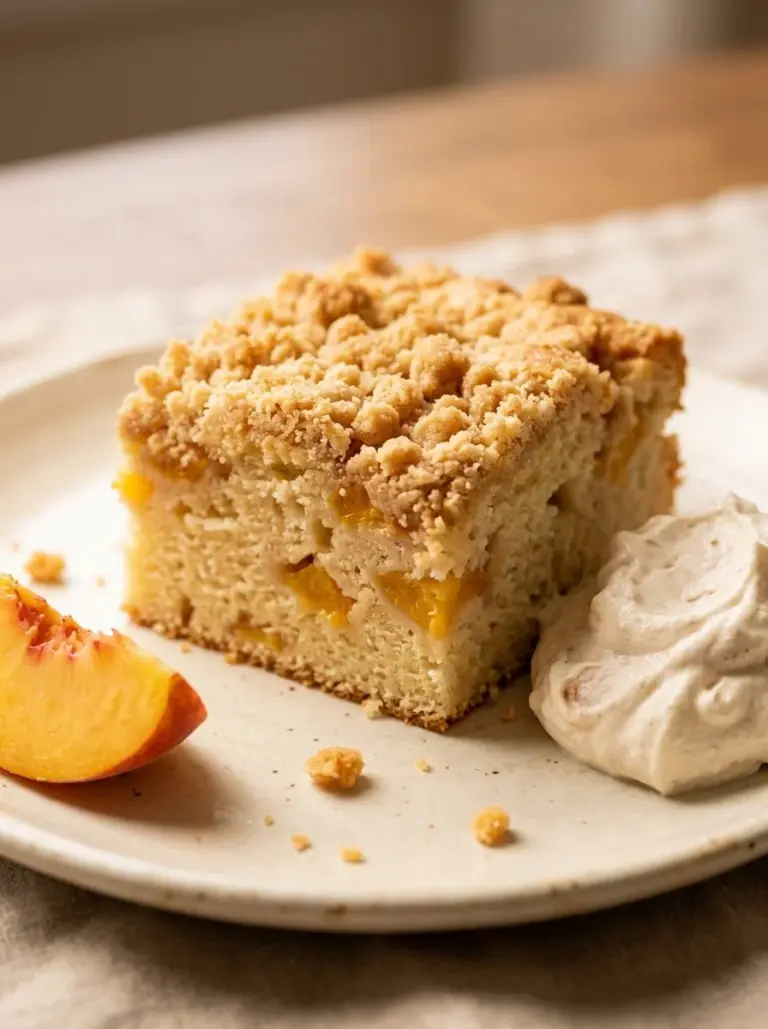 Delicious Easy Italian Peach Crumb Cake with peach slices and crumb topping.