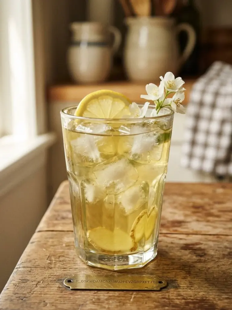 Refreshing iced jasmine green tea with ginger and lemon in a glass