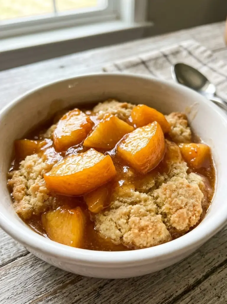 Deliciously baked fresh peach cobbler with juicy peaches and golden crust