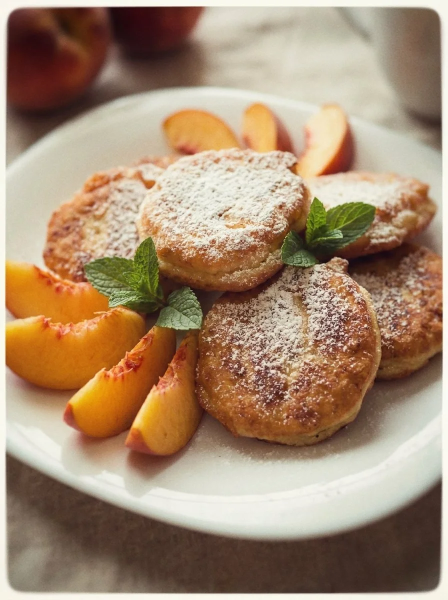 Fresh peach fritters dusted with powdered sugar on a rustic plate