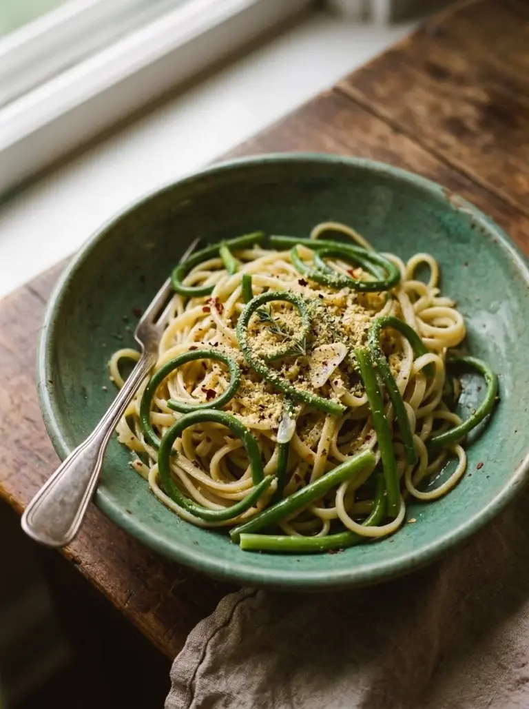Plate of vegan garlic scape pasta topped with fresh herbs and garnished with lemon zest.
