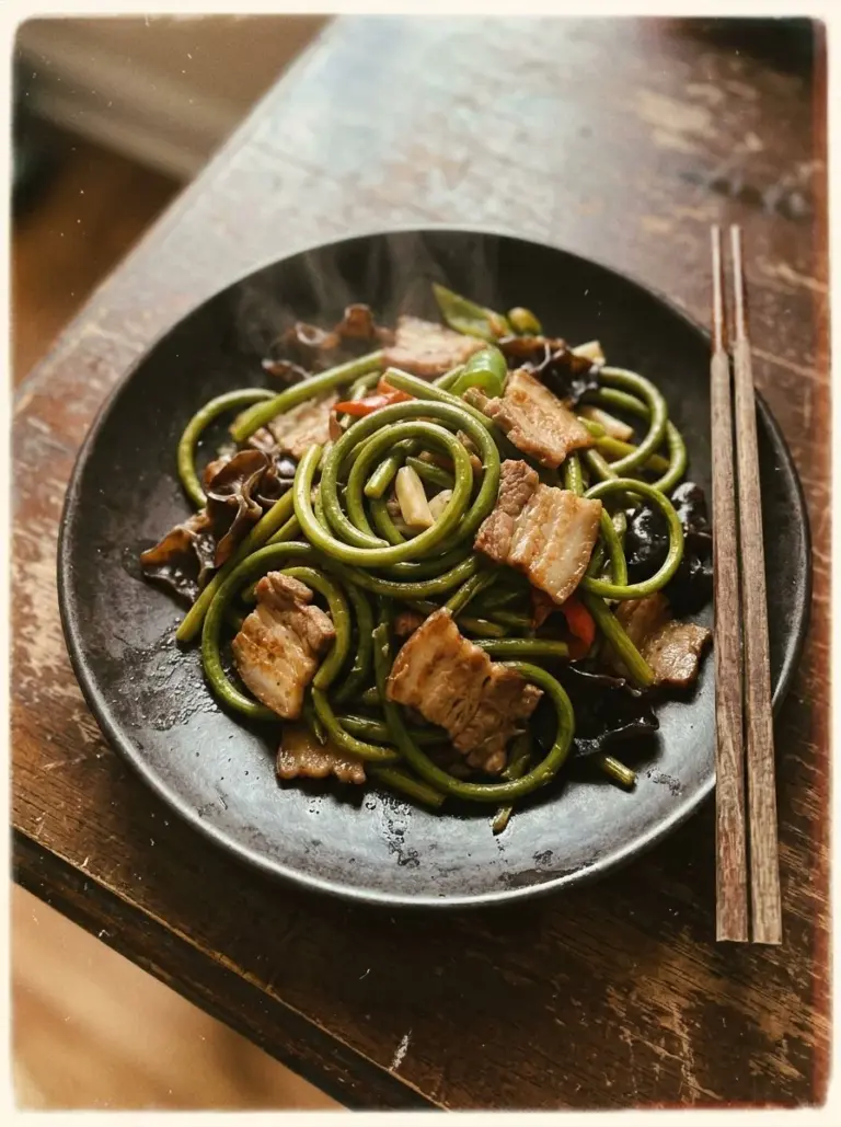 Garlic scape stir fry with pork served in a bowl garnished with fresh herbs