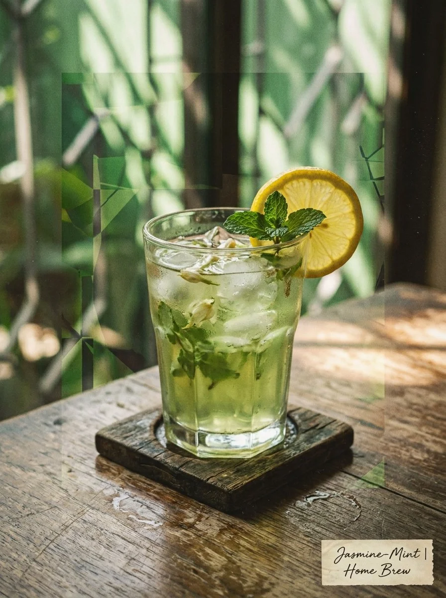 A refreshing glass of Green Jasmine-Mint Iced Tea with lemon slices