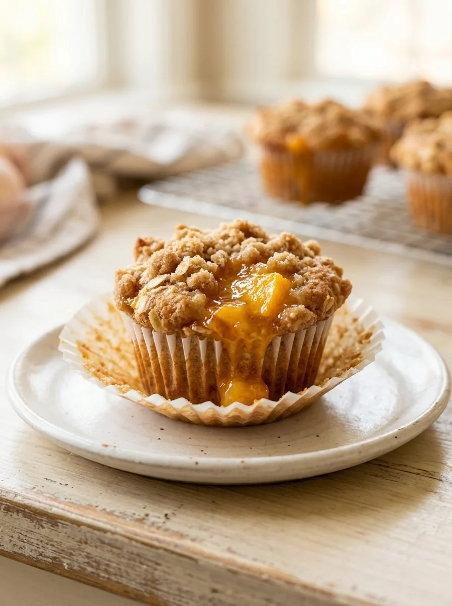 Freshly baked homemade peach cobbler muffins on a cooling rack