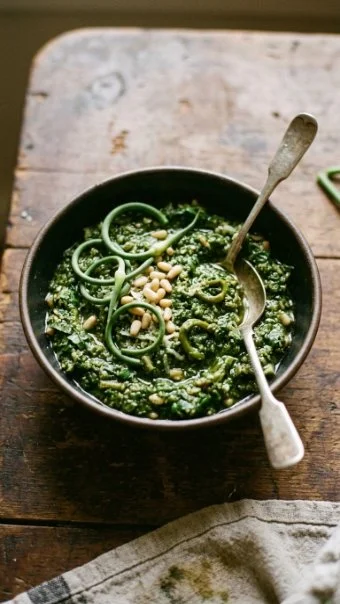 Bowl of homemade pesto with garlic scapes and ingredients on a wooden table