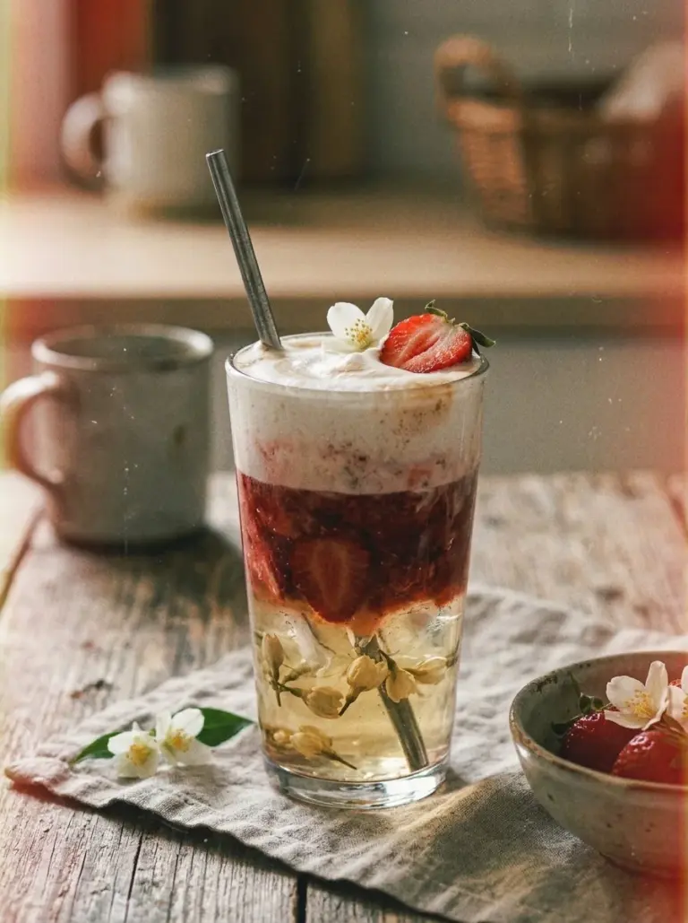 Iced strawberry jasmine tea latte in a clear glass with fresh strawberries