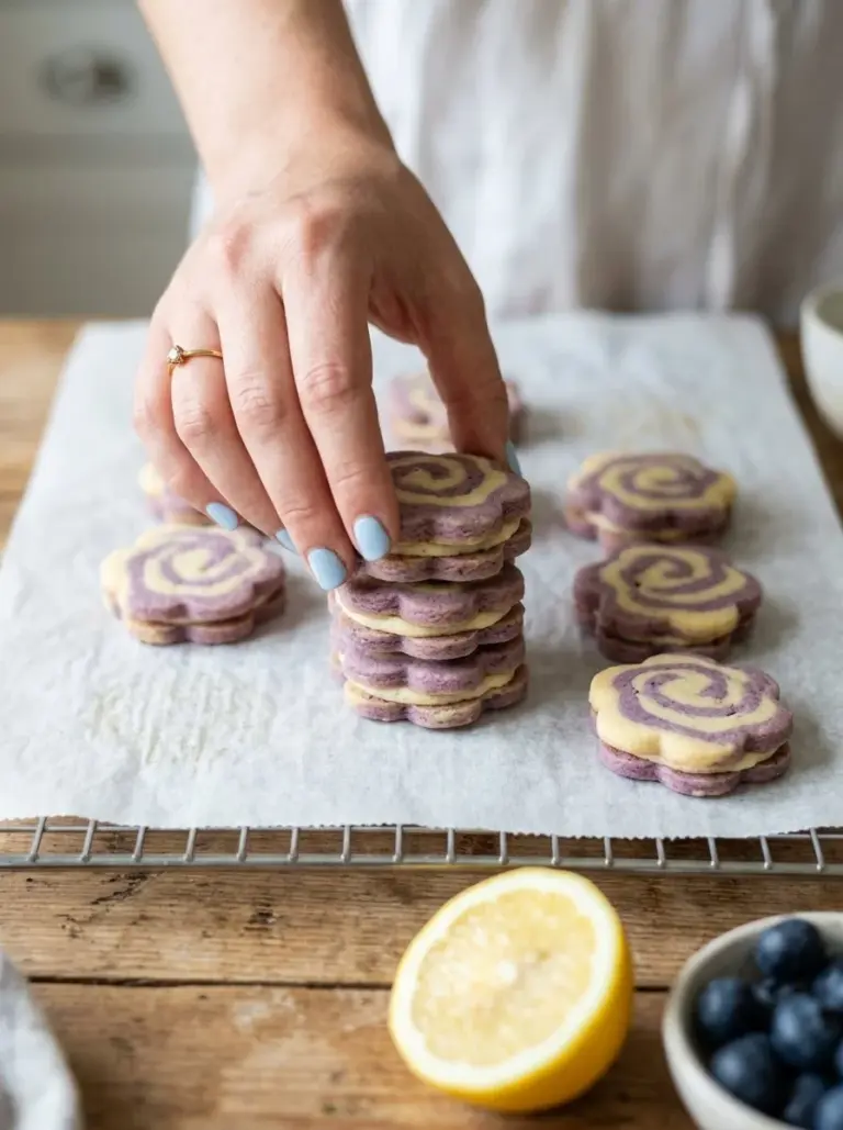 Lemon blueberry shortbread cookies on a white plate with fresh fruit garnish.